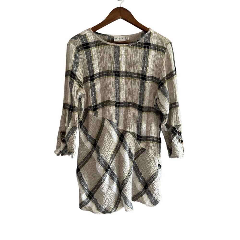 Habitat Linen Blend Top Crinkle Artsy Blouse Button Cuff Asymmetric Lagenlook XL